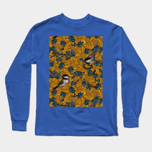 Chickadee birds on blueberry branches in yellow and mustard Long Sleeve T-Shirt